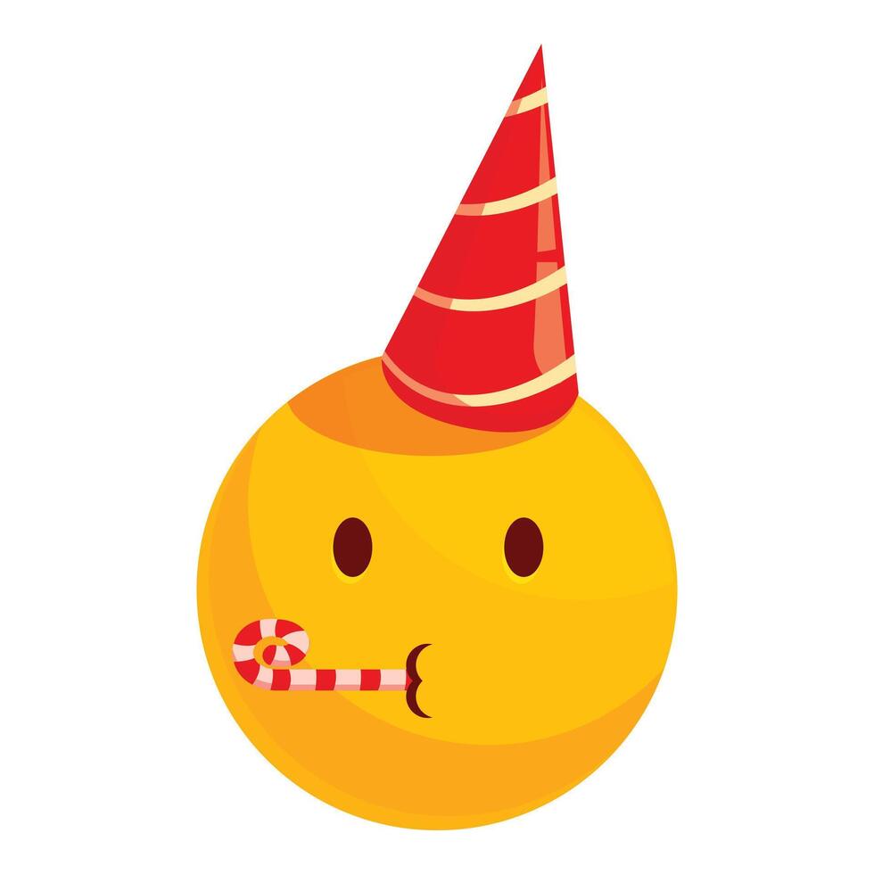 Yellow emoji wearing a birthday hat and blowing a party horn vector