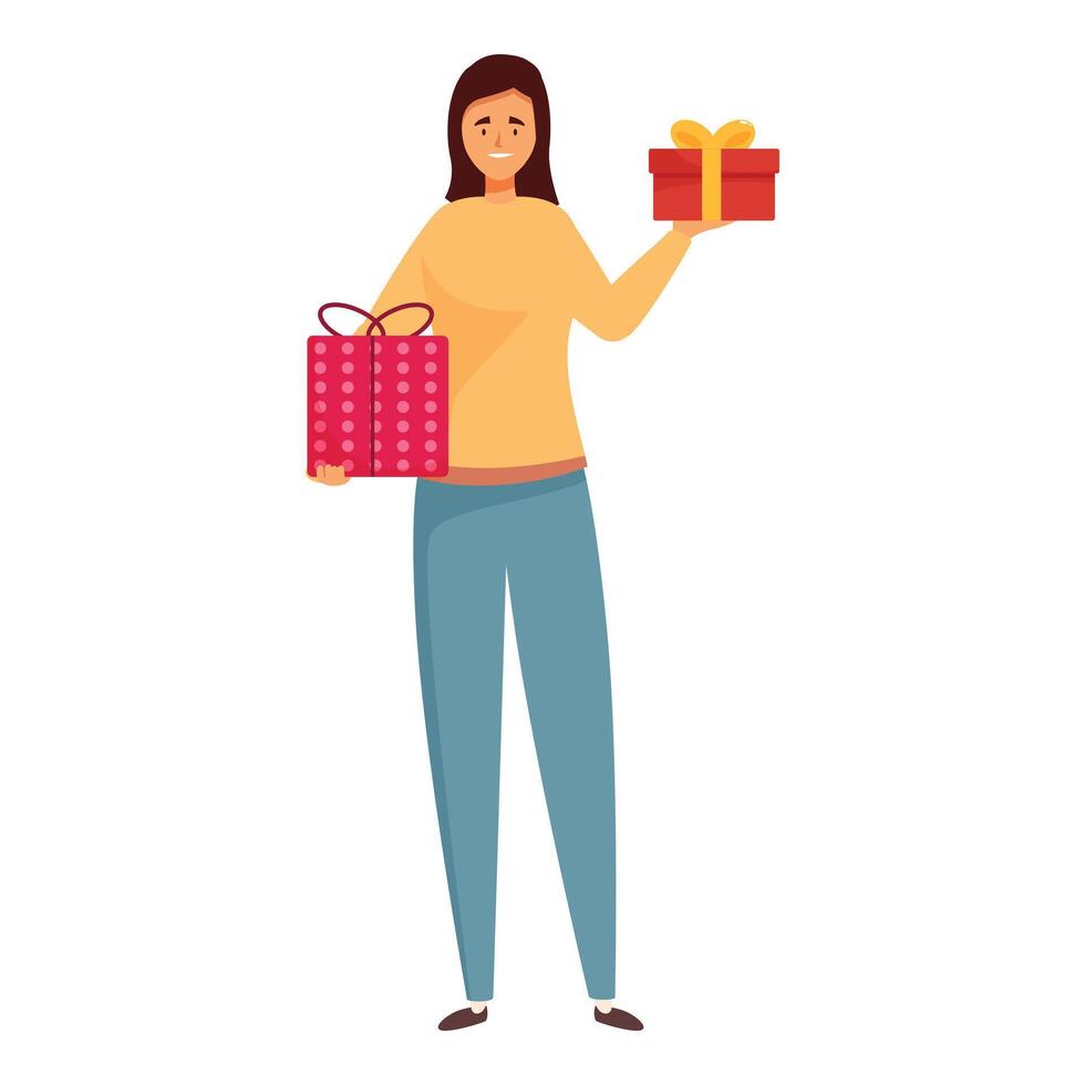 Young woman is holding two gift boxes, she is happy to receive presents for birthday, christmas or valentines day vector