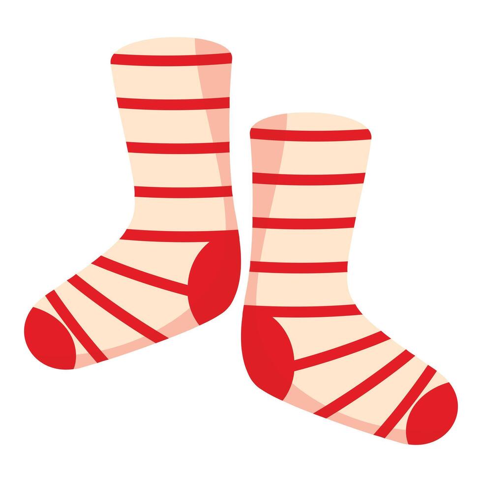 Pair of striped red and white socks lying on white background vector