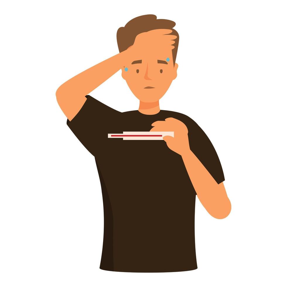 Young man feeling sick holding thermometer having fever vector