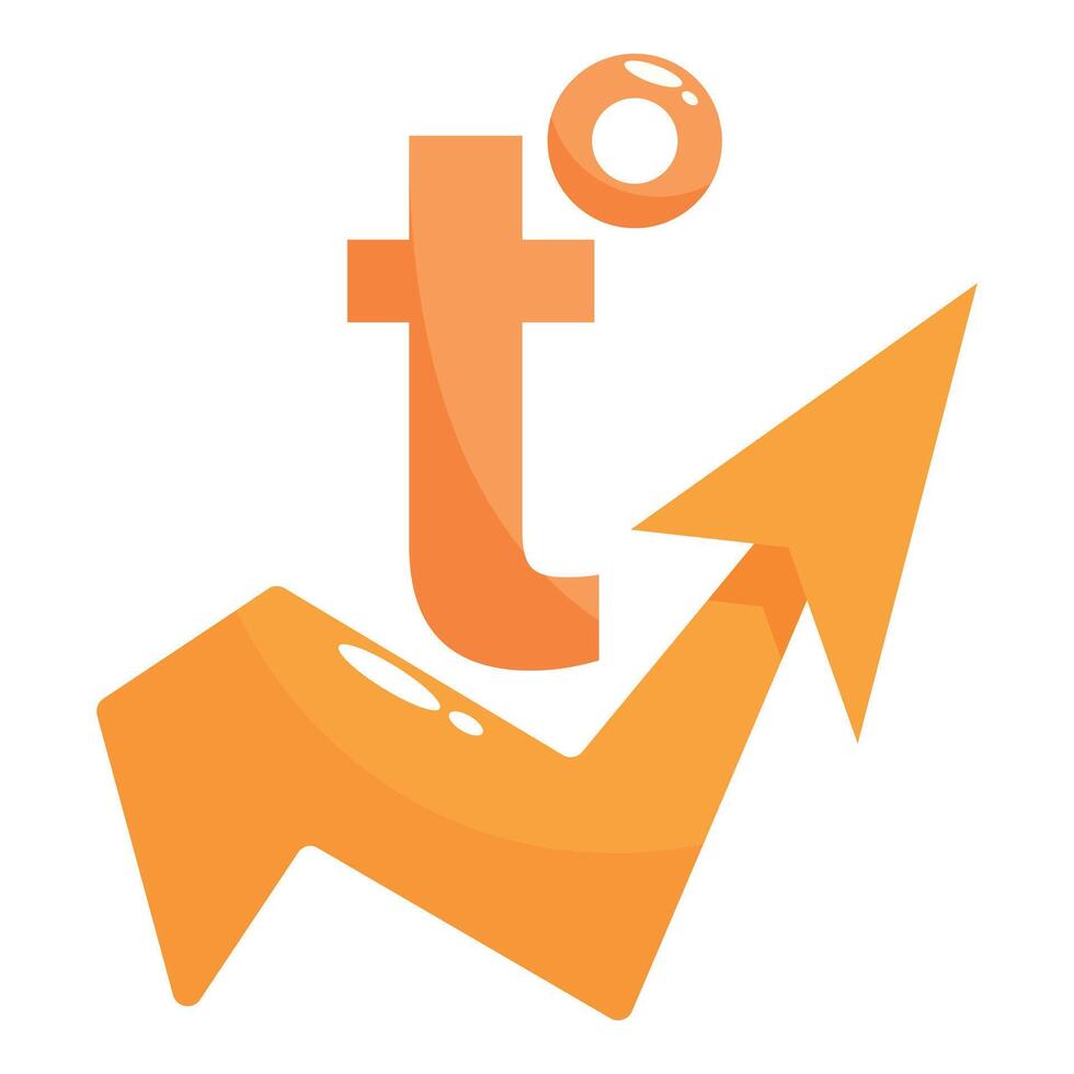 Orange arrow pointing up representing growing trend with letter t vector