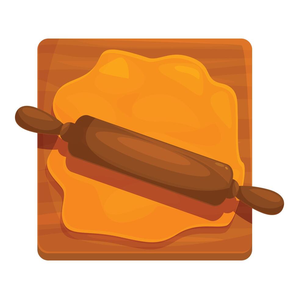 Wooden rolling pin flattening dough on a cutting board vector