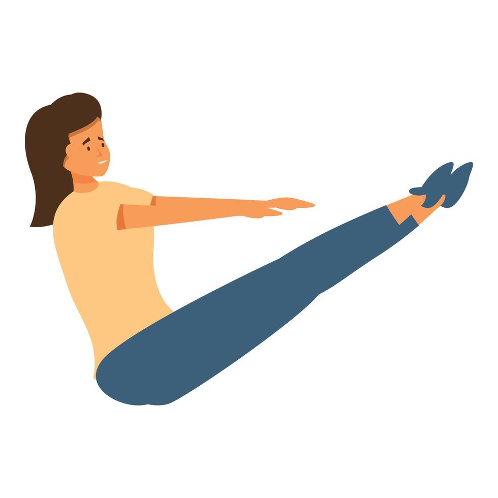 Young woman practicing pilates, doing teaser exercise, strengthening her core and improving balance vector