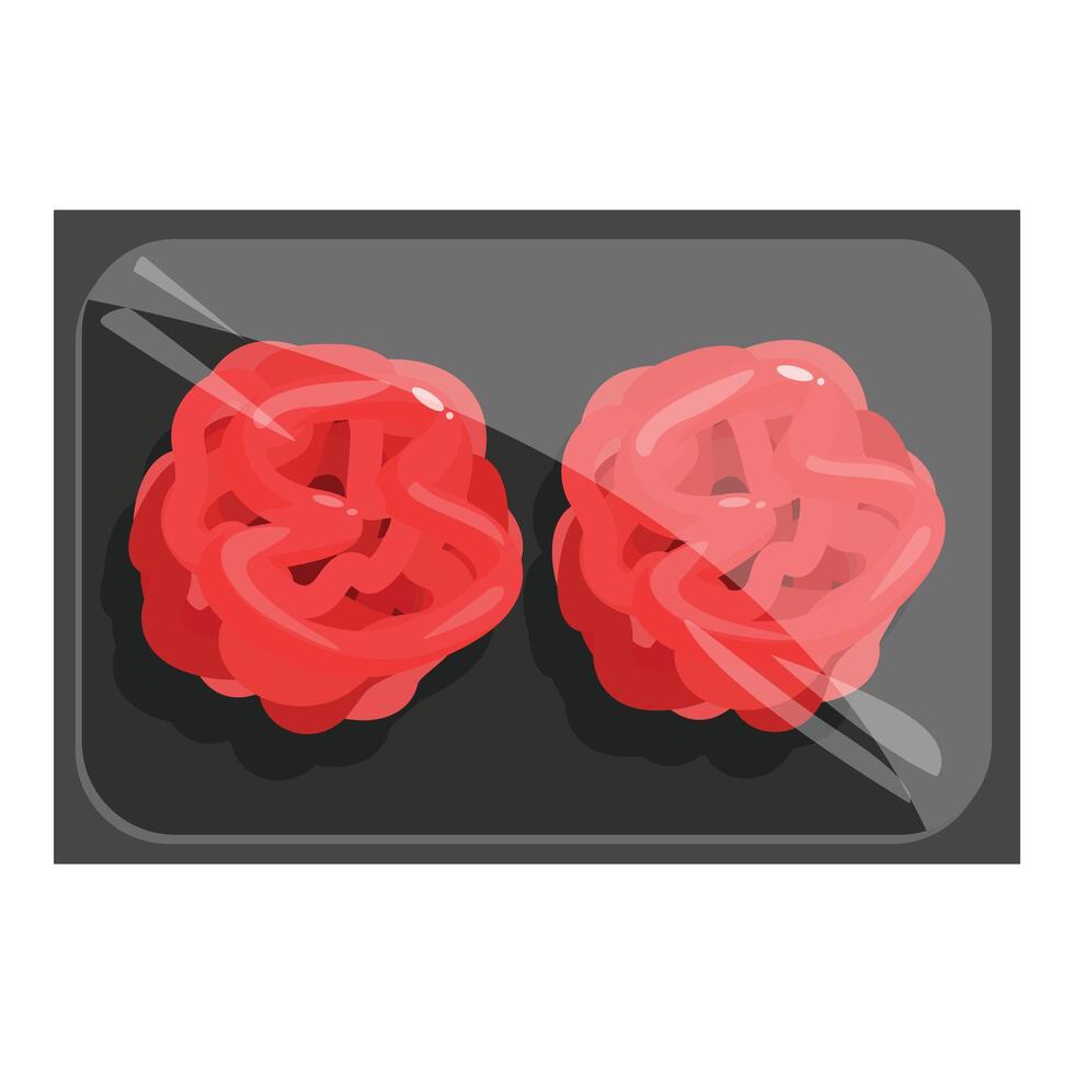 Fresh raw minced meat cutlets lying on plastic black tray, food product packaging vector