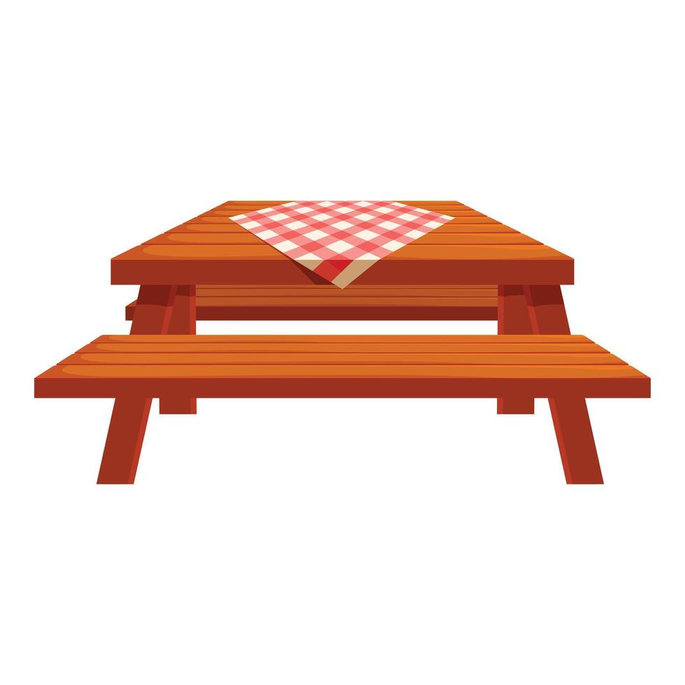 Wooden picnic table covered with red gingham tablecloth standing on a white background vector