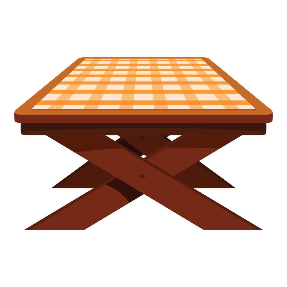 Wooden folding table with orange checkered tablecloth covering top vector