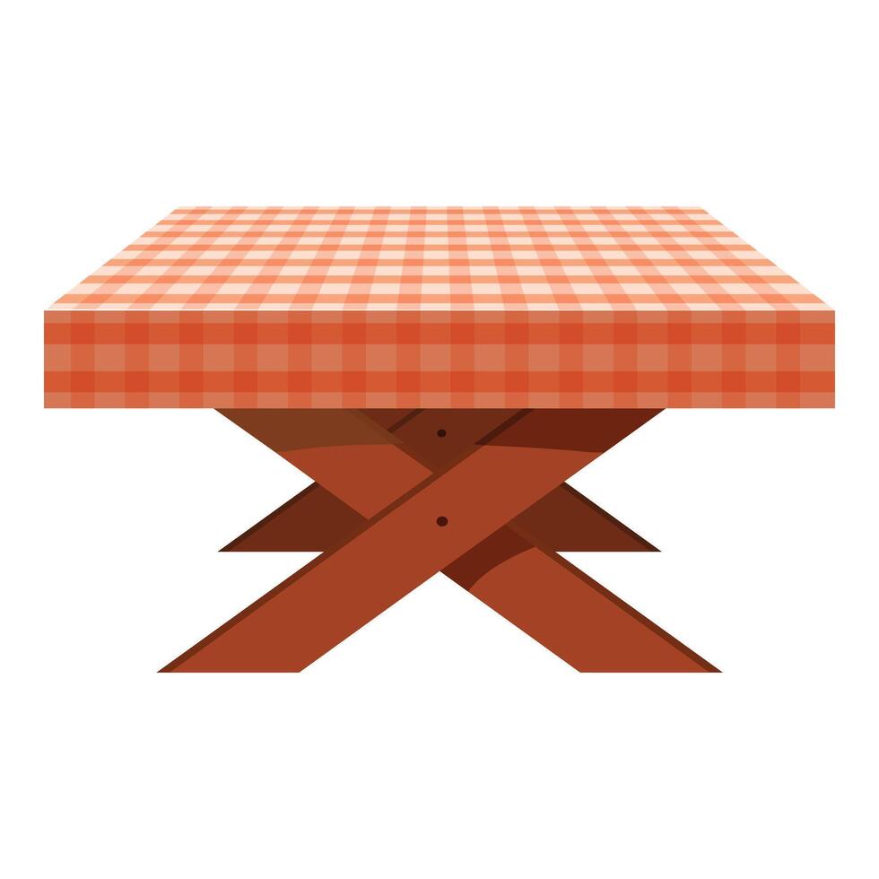 Wooden table with a red checkered tablecloth covering the top surface vector