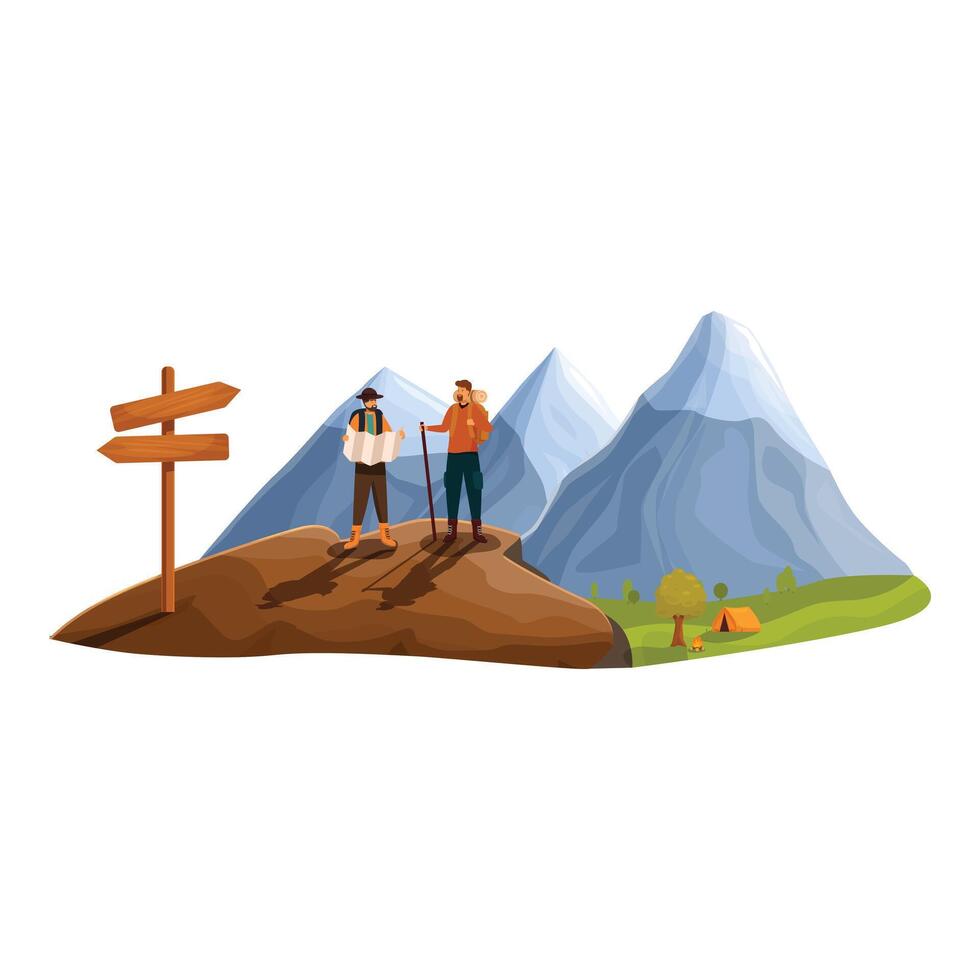 Two hikers deciding which path to take with mountains in background vector
