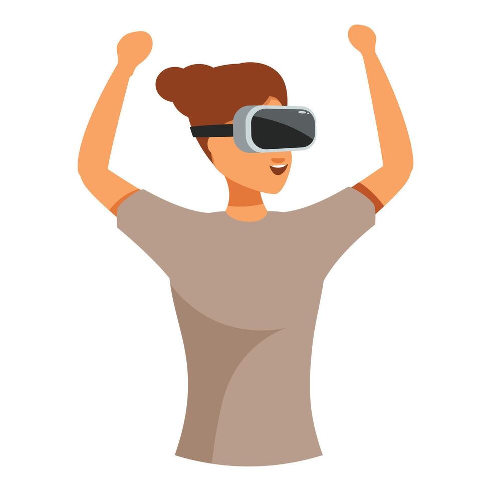 Excited woman raising arms while experiencing virtual reality using headset vector
