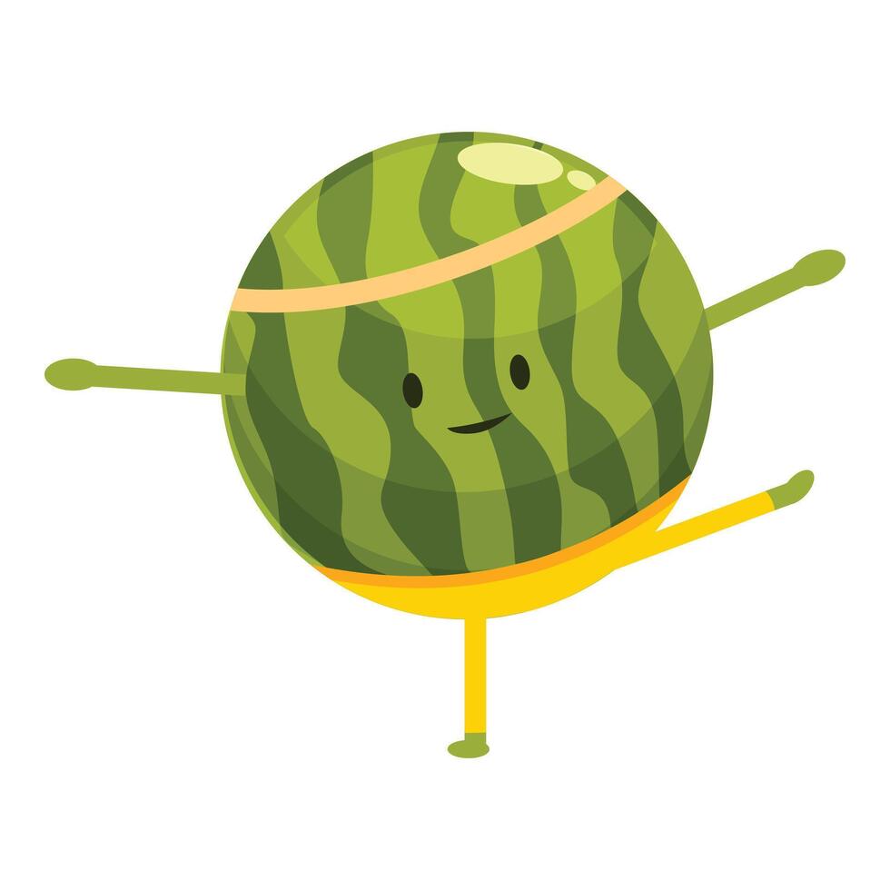 Cartoon watermelon character wearing shorts is balancing on one leg and smiling vector