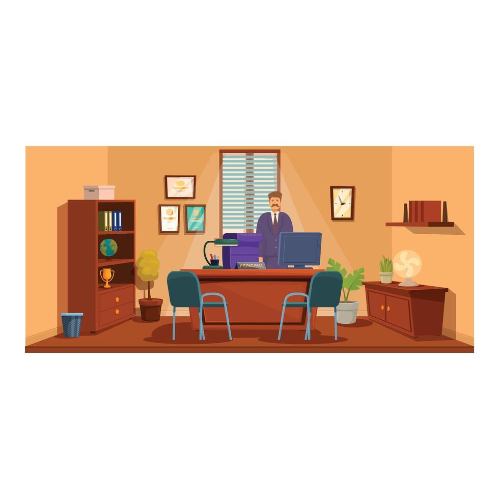 Principal standing in school office with large wooden desk vector