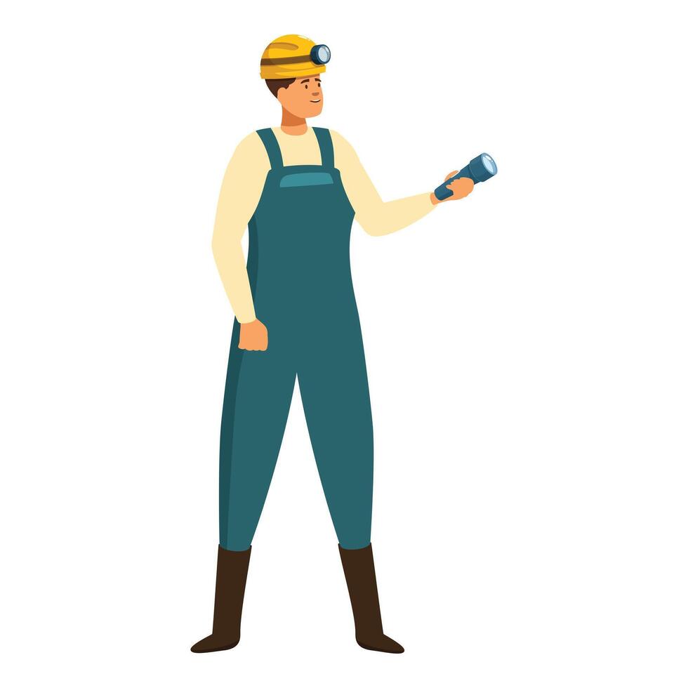 Miner holding flashlight, exploring dark cave for resources vector