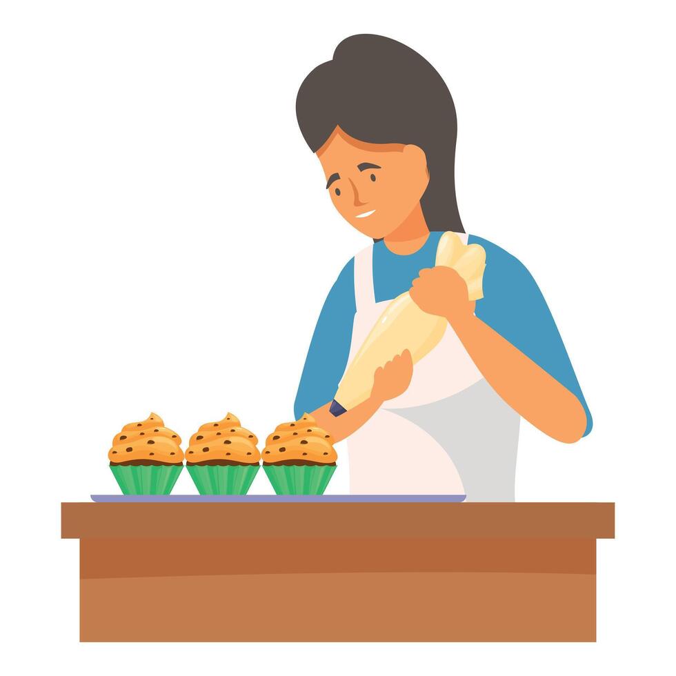 Pastry chef decorating muffins with piping bag in the bakery vector