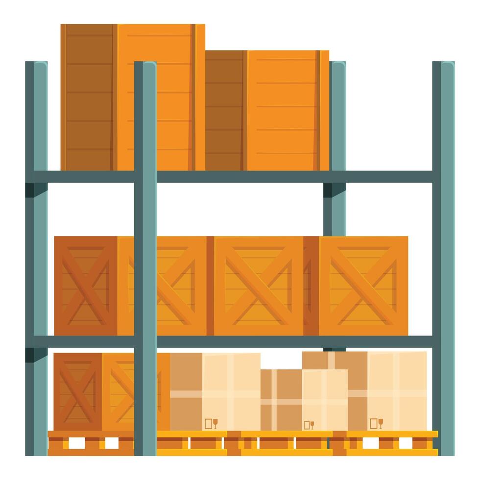 Warehouse logistics with cardboard boxes on wooden pallets standing on metal shelf vector