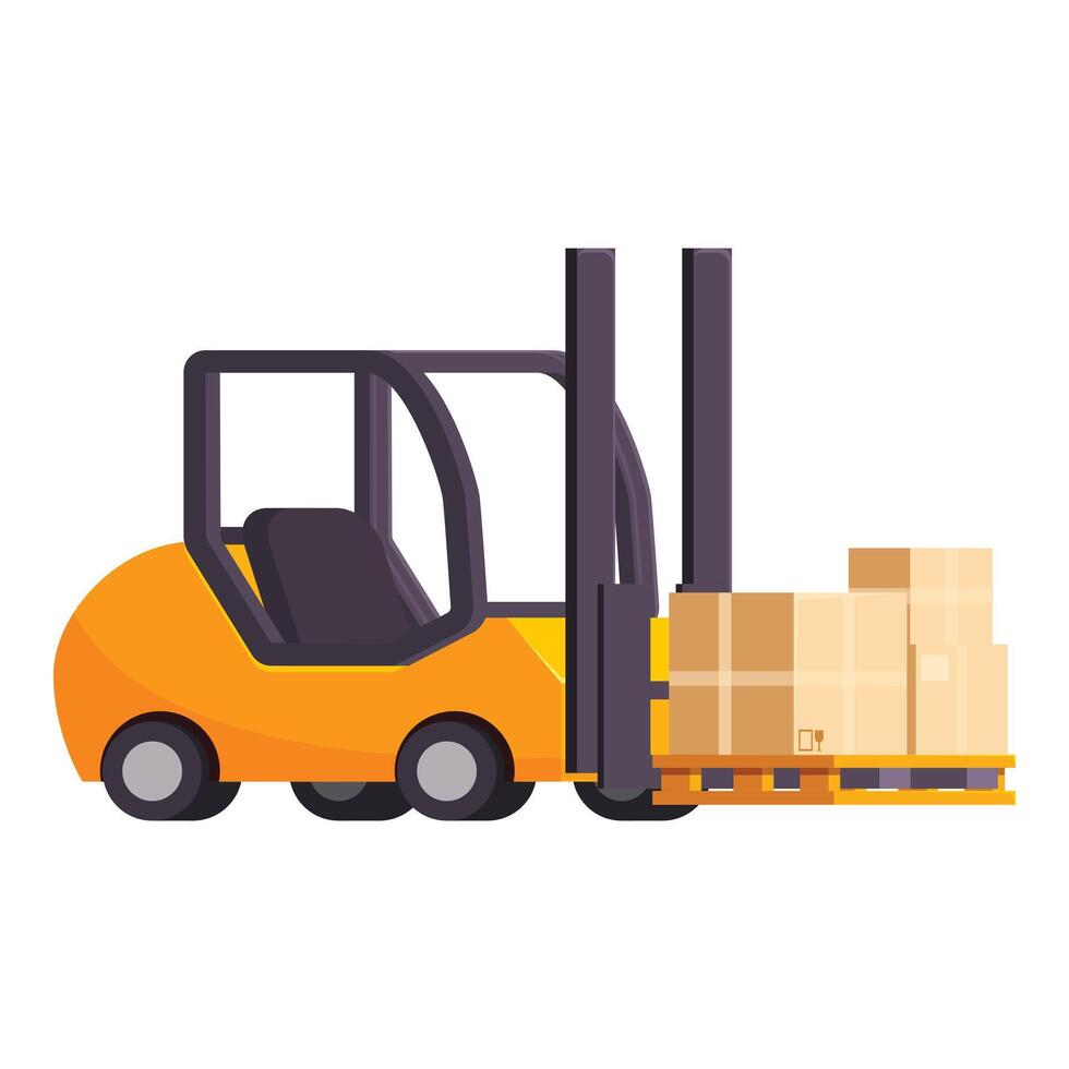 Forklift carrying stacked cardboard boxes on wooden pallet vector