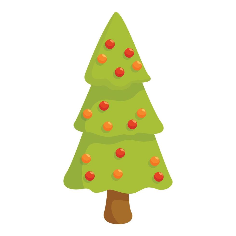 Green christmas tree decorated with red and orange balls standing on white background vector