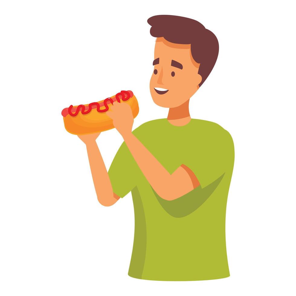 Happy young man enjoying eating hot dog with ketchup and mustard vector