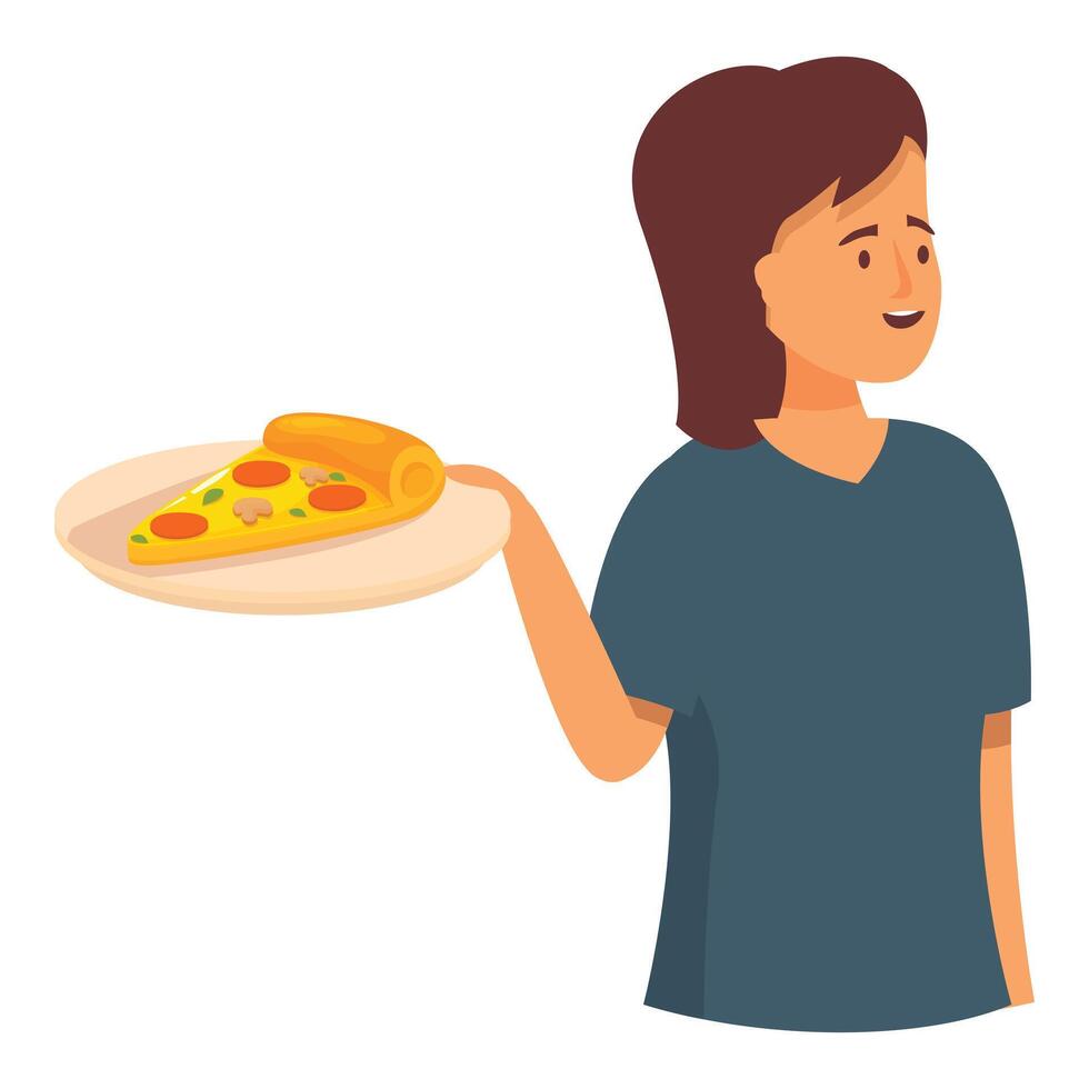 Young woman holding pizza slice on plate vector