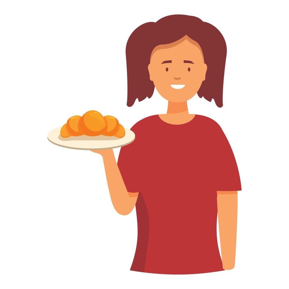 Young woman is holding a plate of fresh croissants, happy to serve them vector