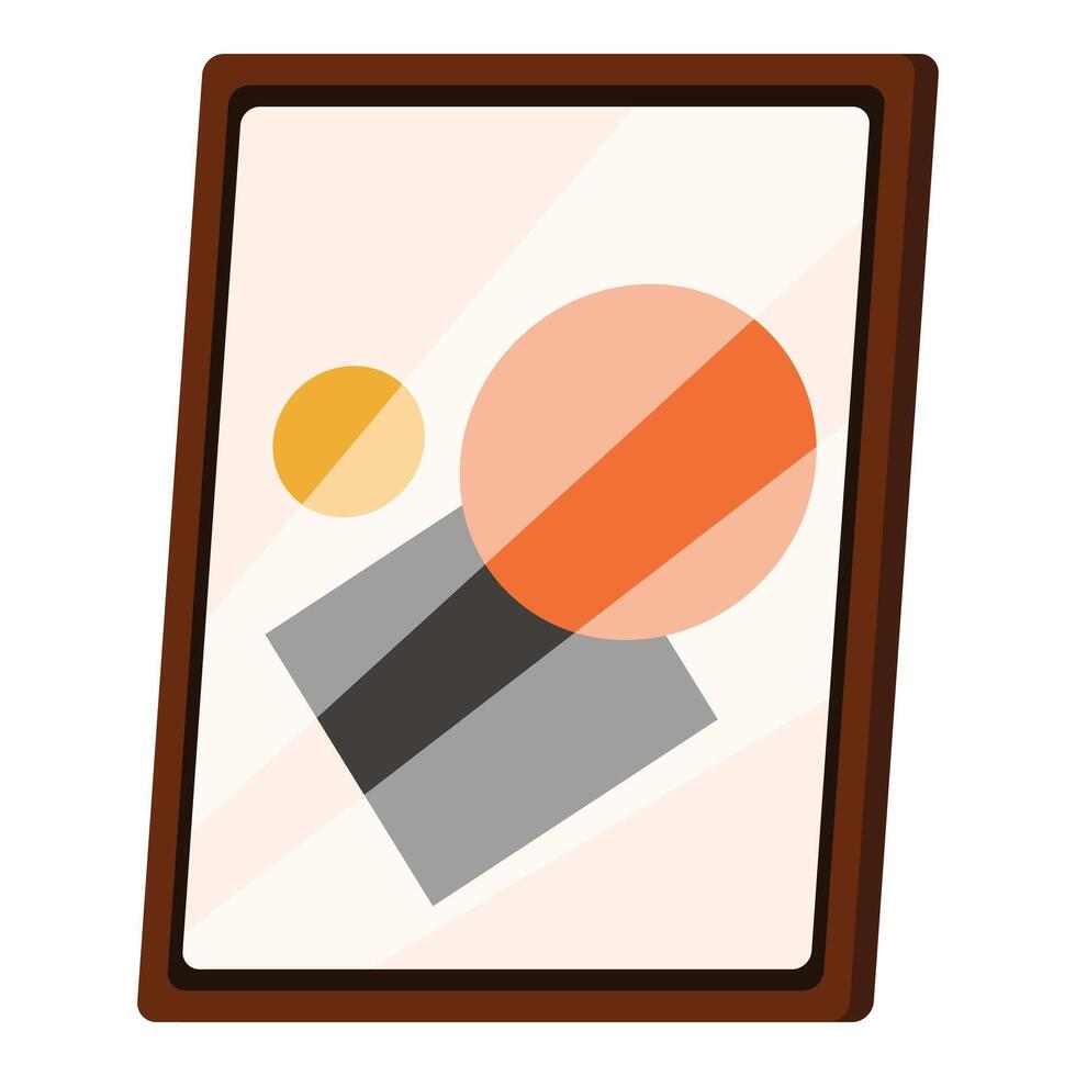 Wooden picture frame with abstract geometric painting hanging on white wall vector
