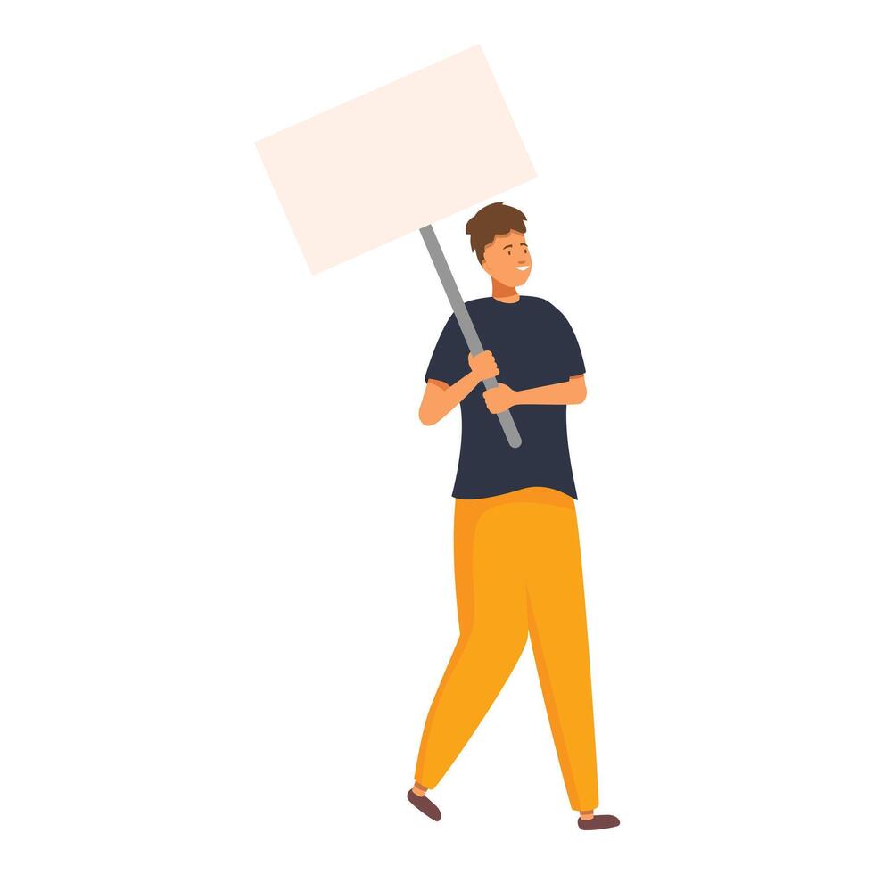 Young man walking and holding blank placard vector