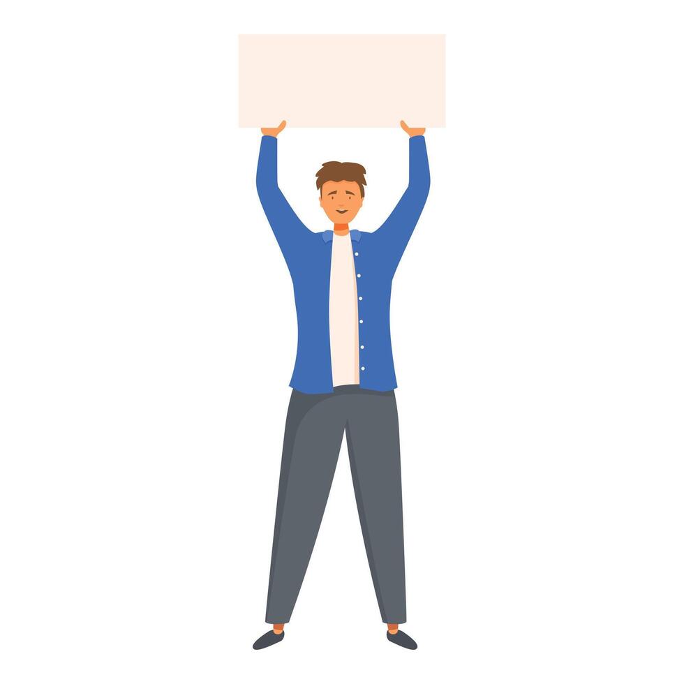 Young man holding empty banner above his head vector