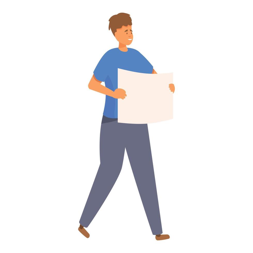 Young man walking and holding empty banner vector