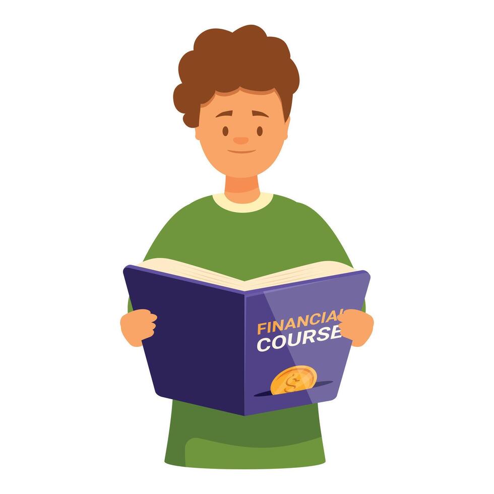 Young man reading financial course book, learning about investing vector