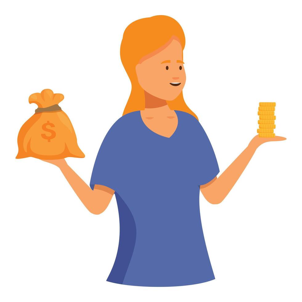 Woman holding money bag and stack of coins comparing savings and investment options vector