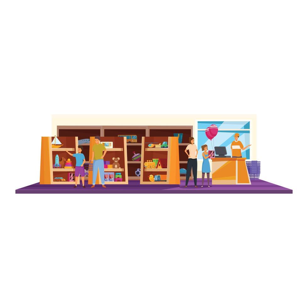 People choosing and buying toys in kids store with seller at counter illustration vector