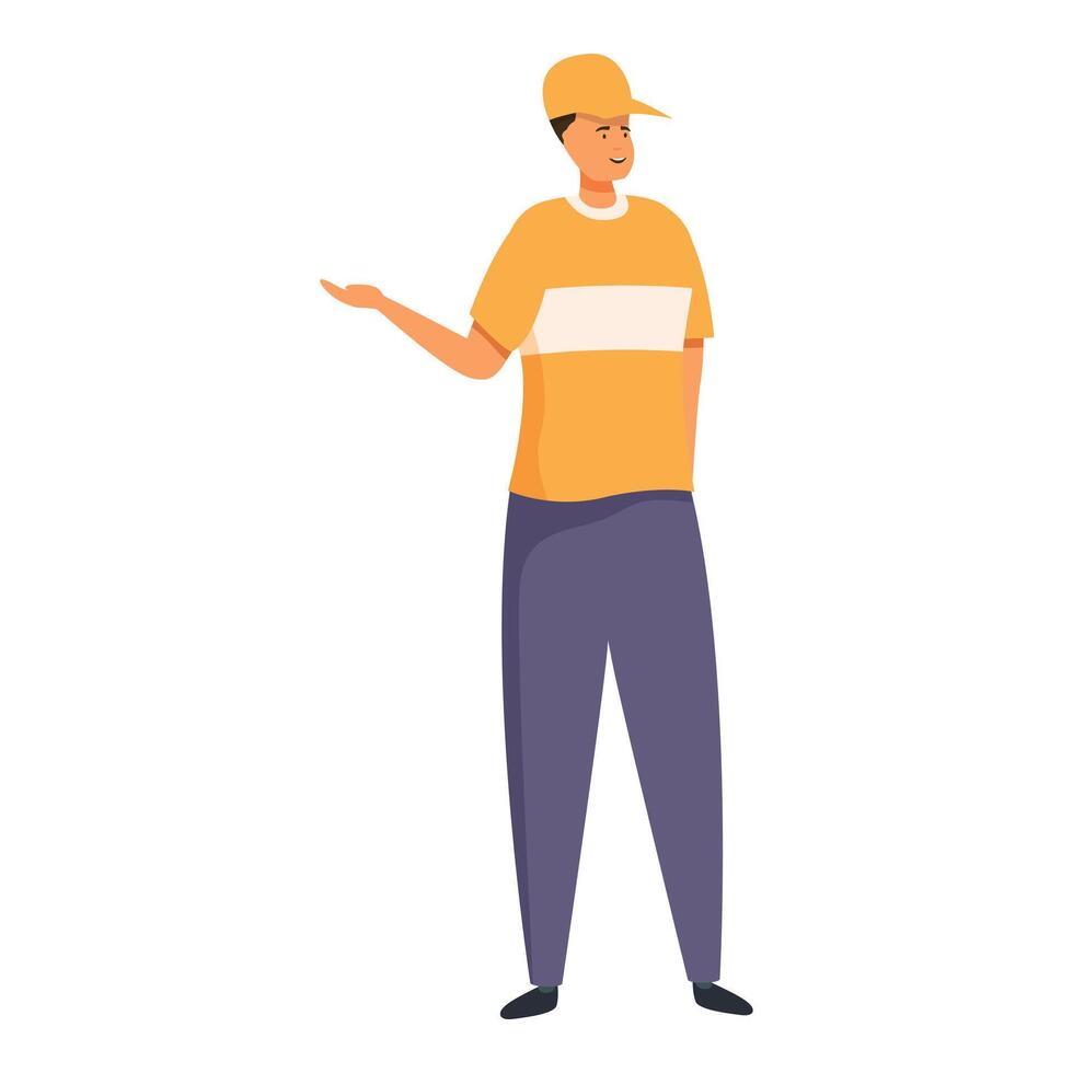 Delivery man showing something with hand and smiling wearing uniform and cap vector