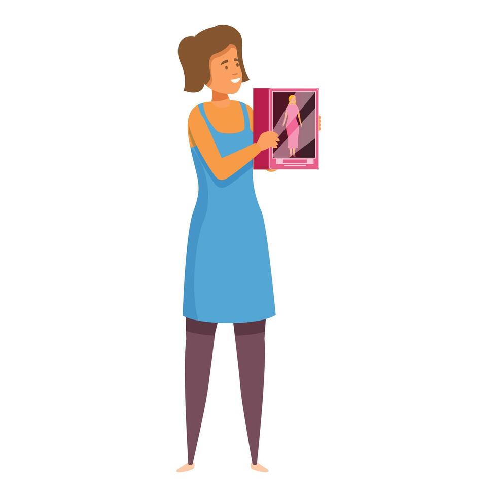 Young woman is showing a doll inside a box vector