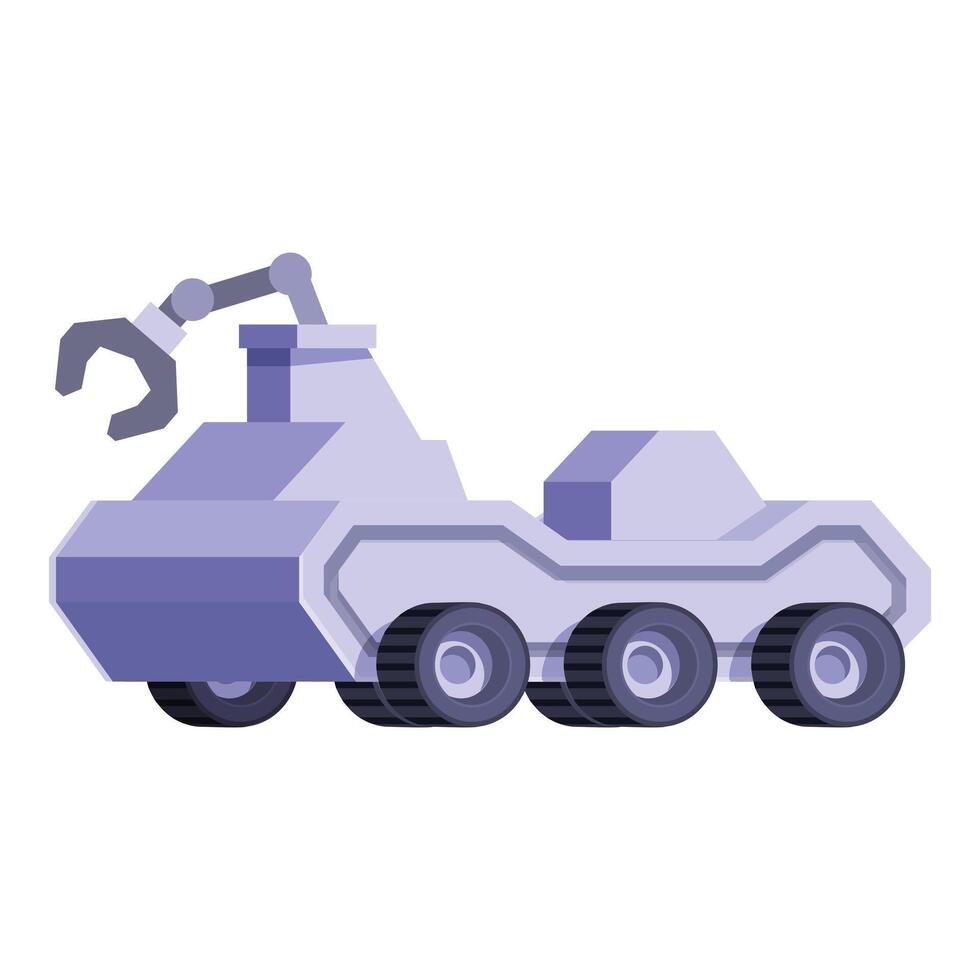 Futuristic exploration vehicle with mechanical arm navigating unknown terrain vector