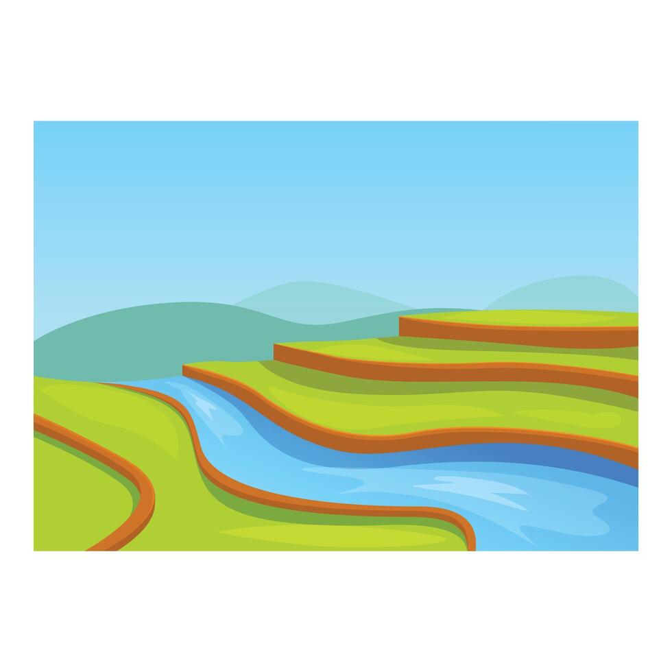 Blue river winding through green rice paddy fields illustration vector