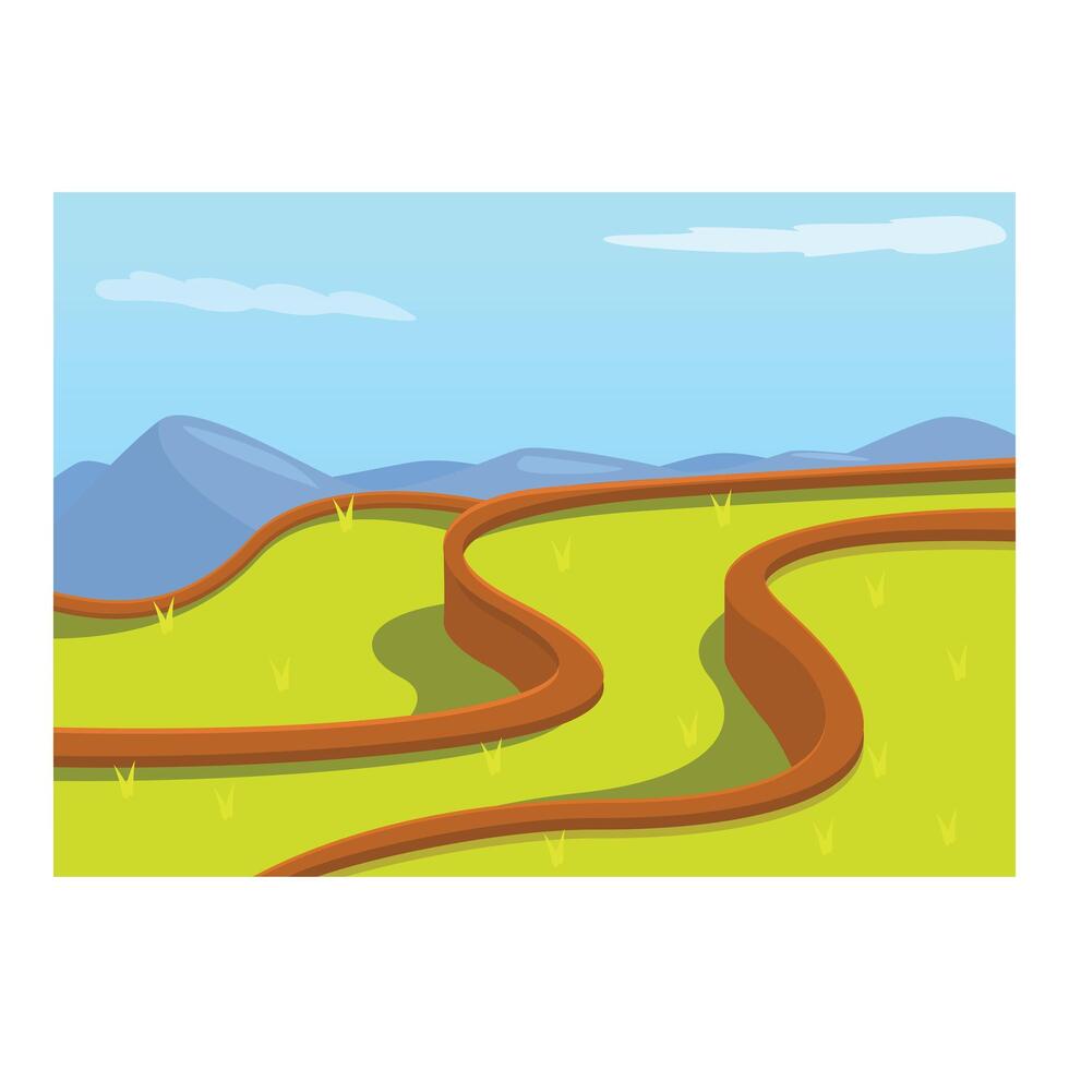 Green rice paddy field terraces forming curvy lines leading to mountains on sunny day vector
