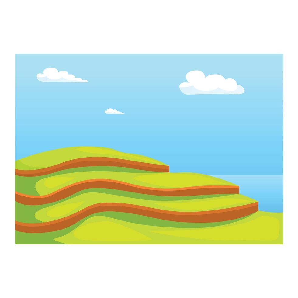 Green hills forming steps leading to the blue ocean on a sunny day vector