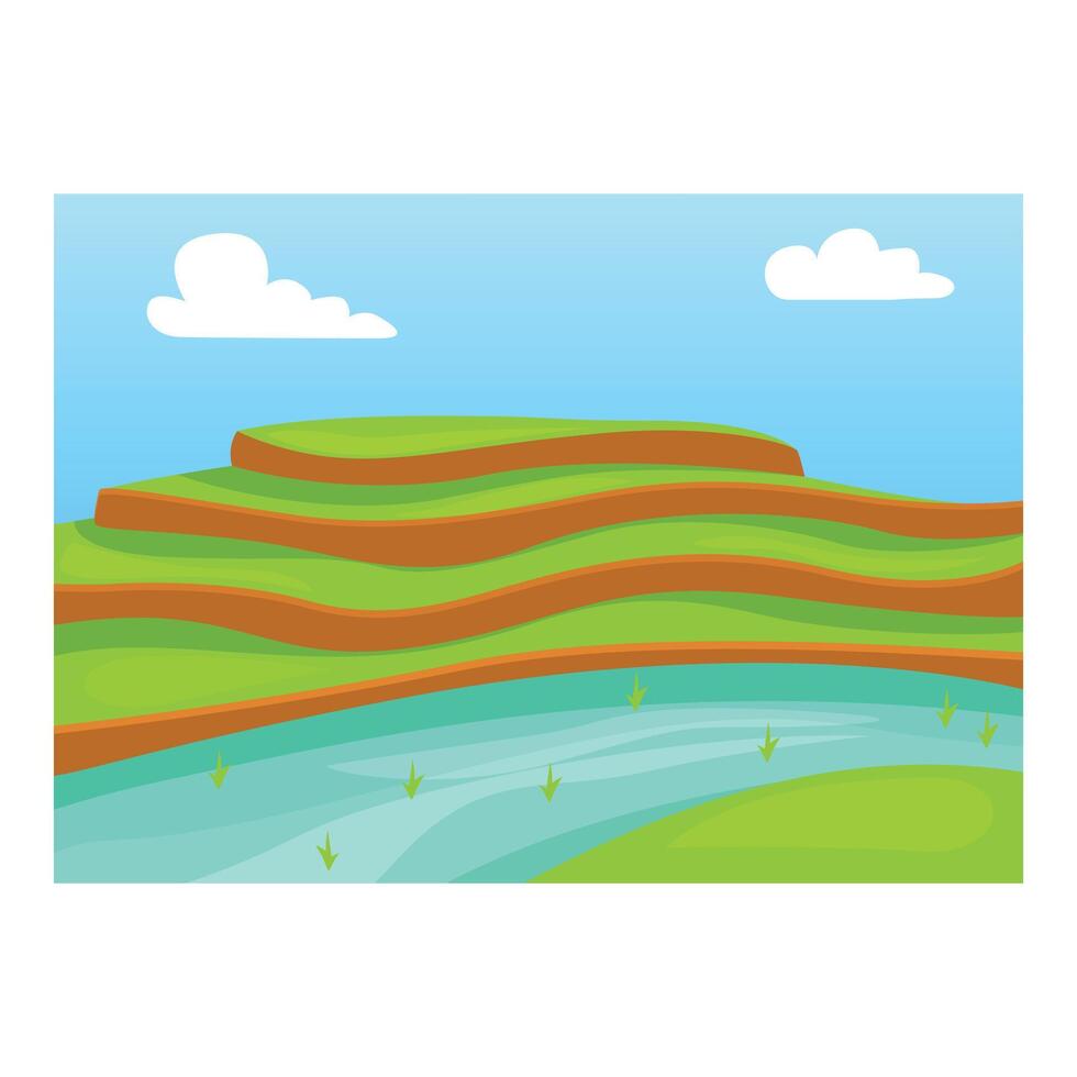 Beautiful river flowing through green hills, summer landscape illustration vector