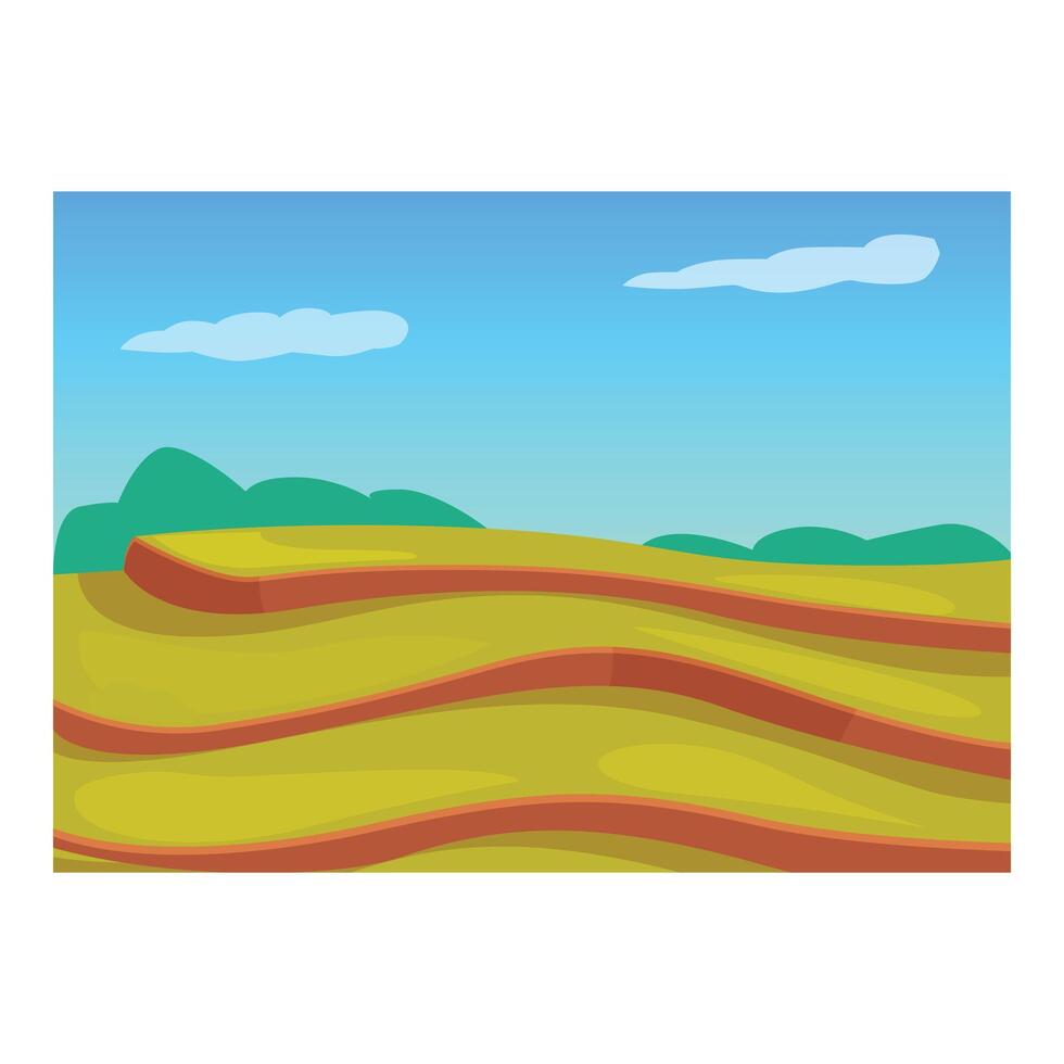 Cartoon illustration of cultivated fields stretching over rolling hills on sunny day vector