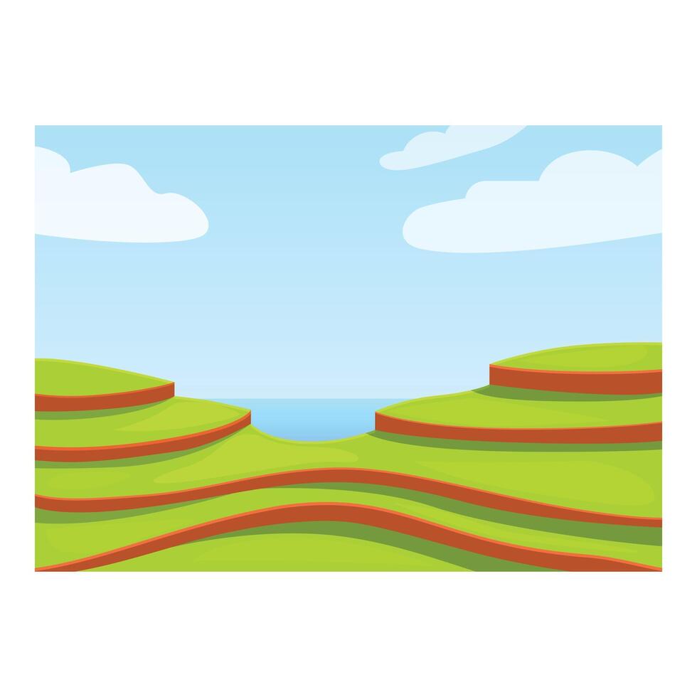 Green rice terraces forming steps overlooking the sea on a sunny day vector