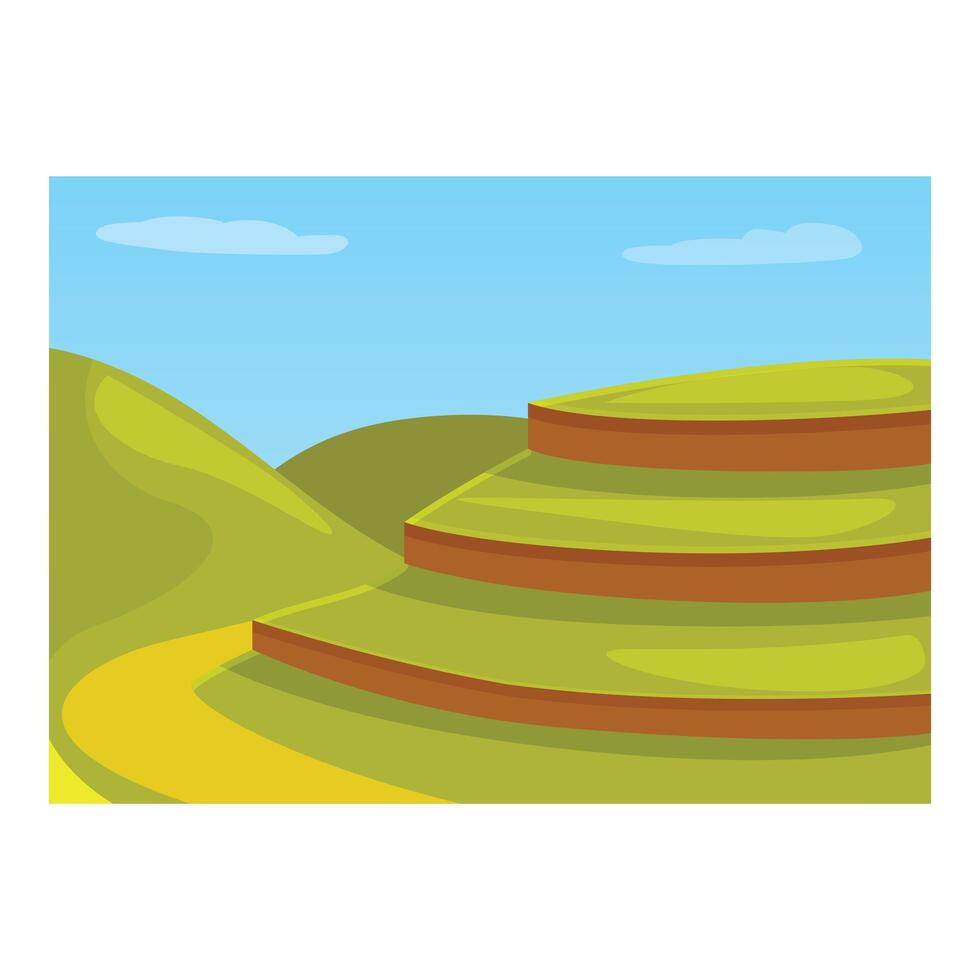 Green rice terraces forming steps over hills with path leading to plantation vector