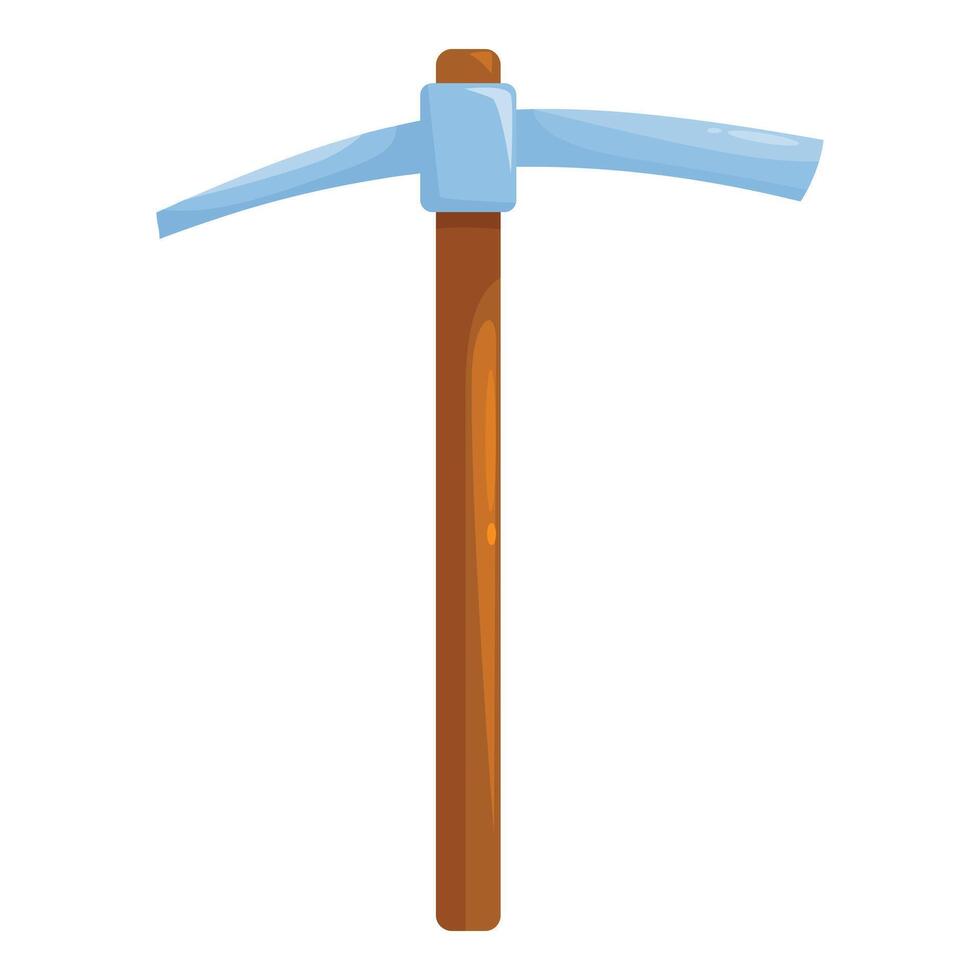 Cartoon pickaxe standing up with wooden handle and metal head vector