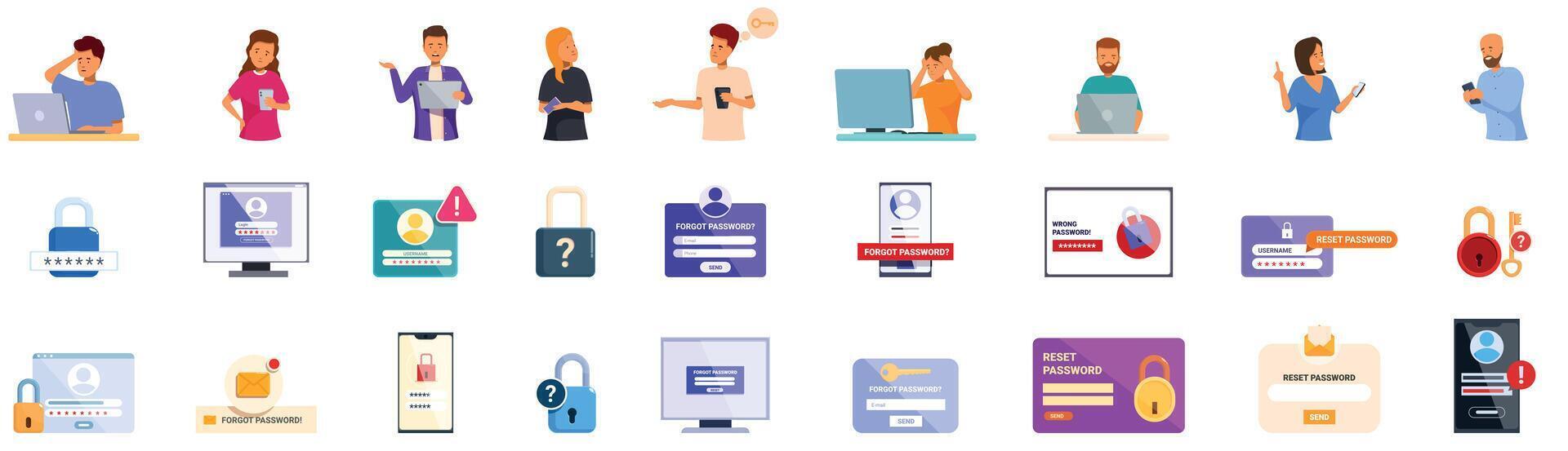 Forgot password icons set. People using online security and resetting passwords vector