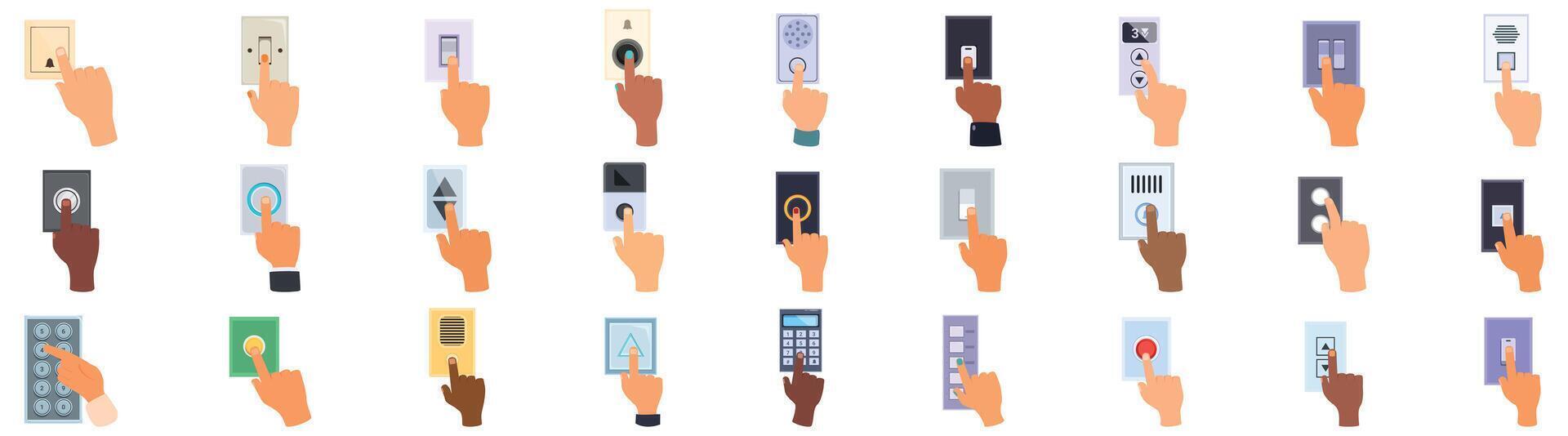Finger pressing wall button icons set. Collection of hands pressing buttons, symbolizing control, access, and activation vector