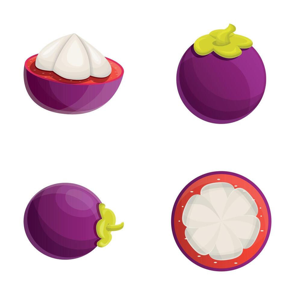 Ripe mangosteen icons set cartoon vector. Fresh exotic fruit vector