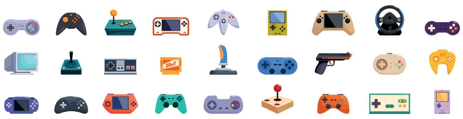 Retro gamepad icons set. Gamer using different controllers for playing video games vector