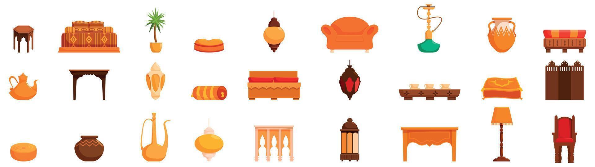Moroccan furniture icons set. Oriental interior design elements with hookah and furniture vector