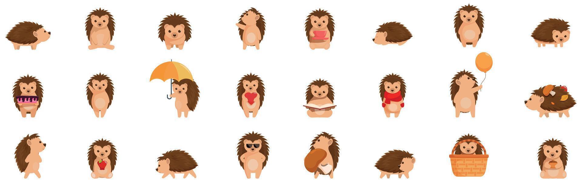 Funny hedgehog icons set. Set of adorable hedgehogs enjoying various activities, showcasing their playful and charming nature vector