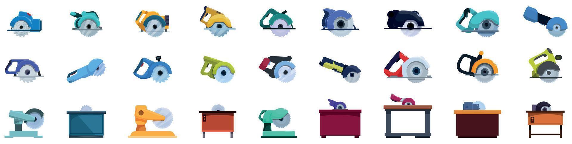Circular saw machine icons set. Circular saw icons showing woodworking and construction tools vector
