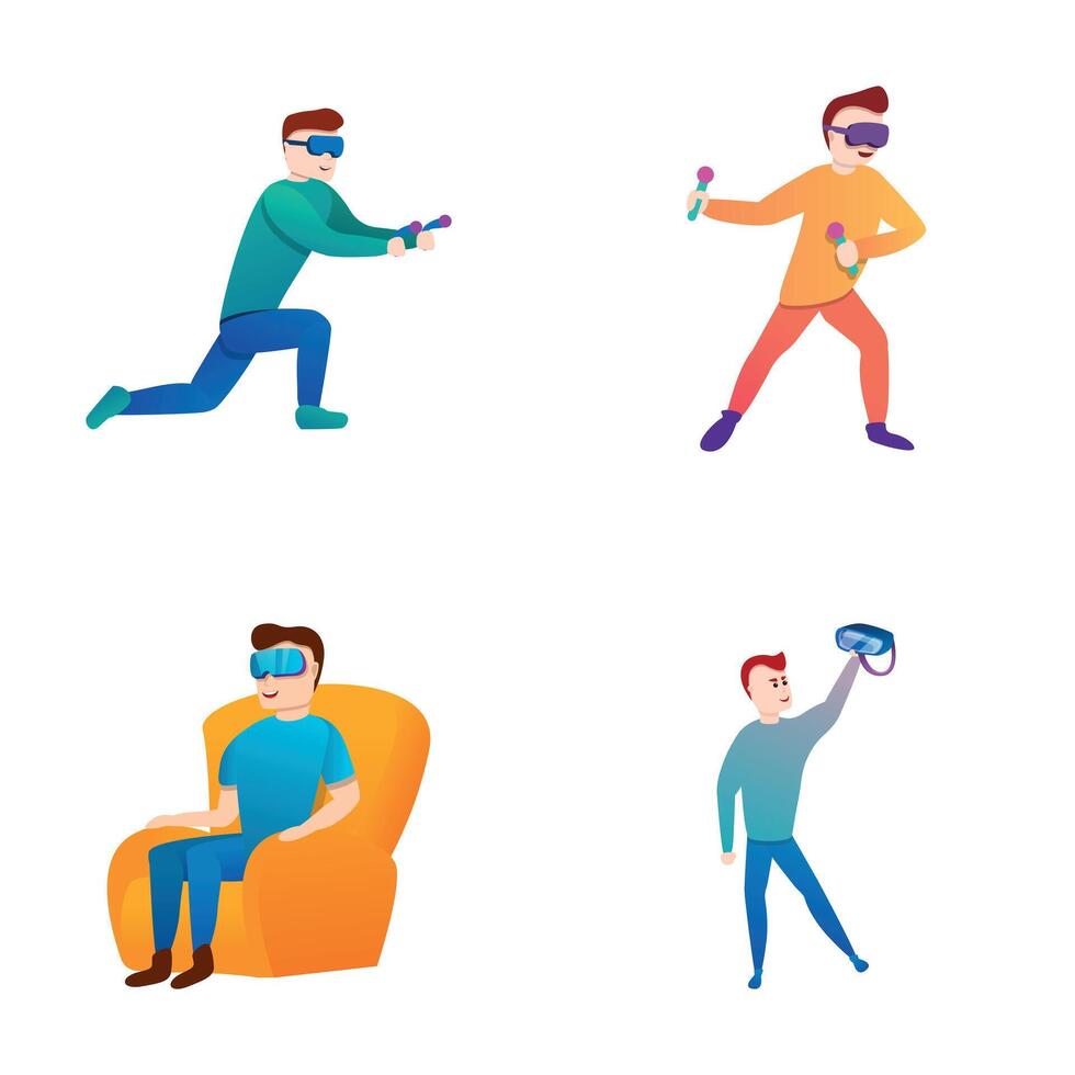 Computer entertainment icons set cartoon vector. People in virtual reality vector