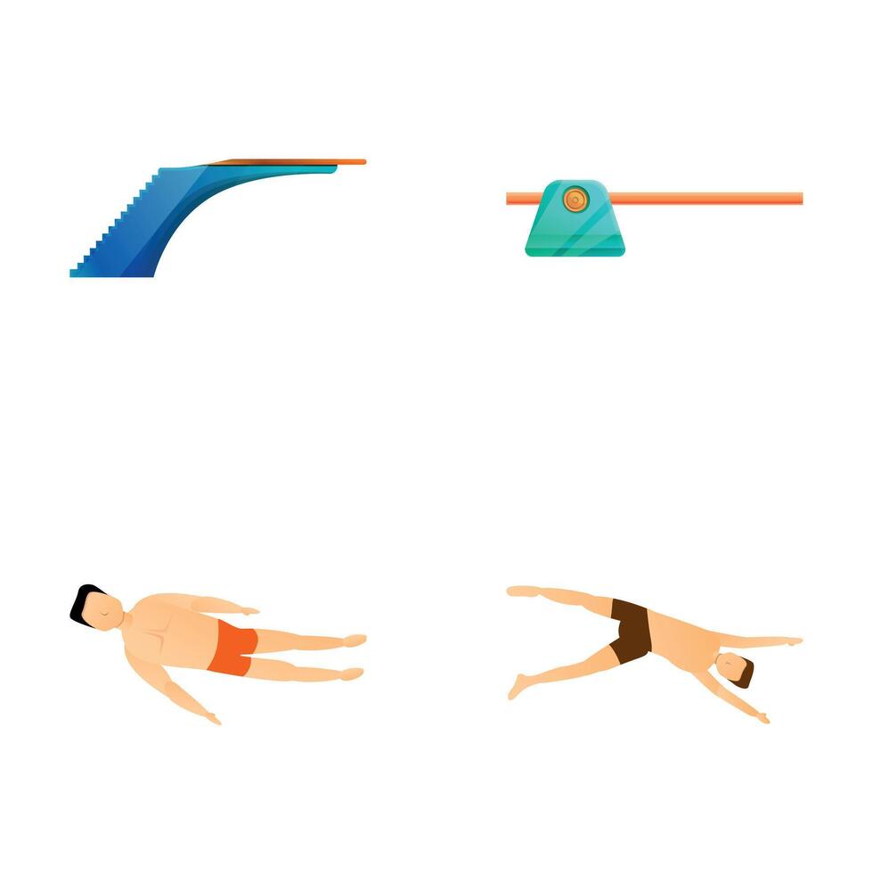 Springboard diving icons set cartoon vector. Man jumping from board into water vector